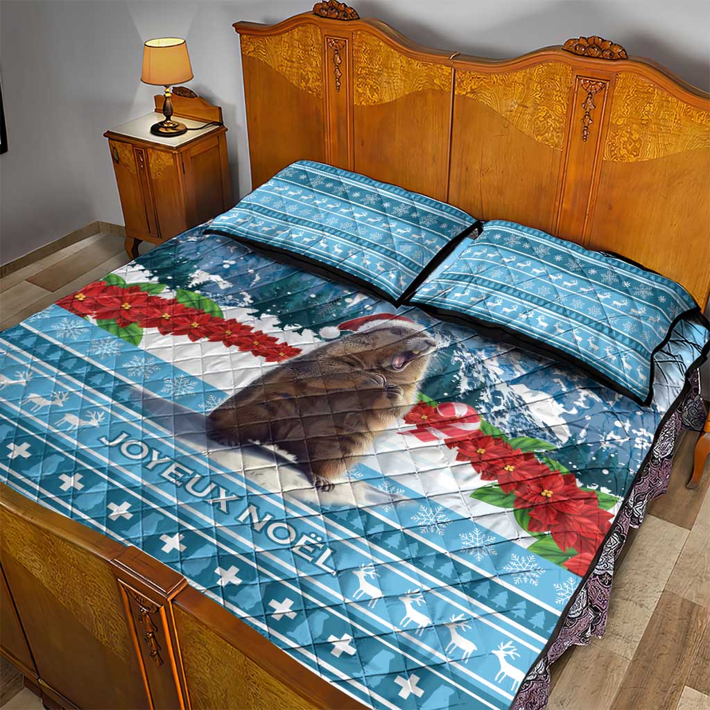 Blue Christmas quilt bed set with marmot and poinsettias, JOYEUX NOEL text, with 2 pillows