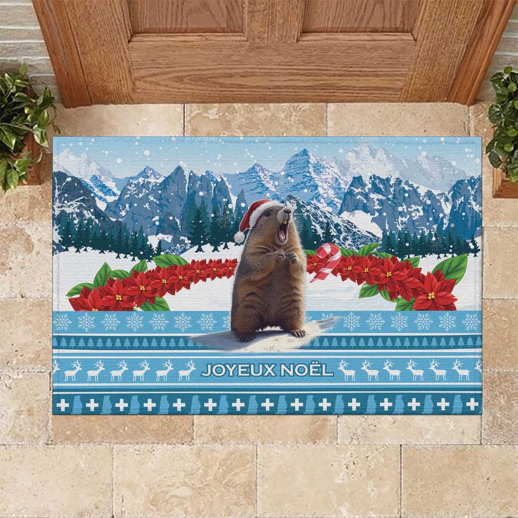 Rubber doormat with Christmas marmot, Swiss mountains, and Joyeux Noël text