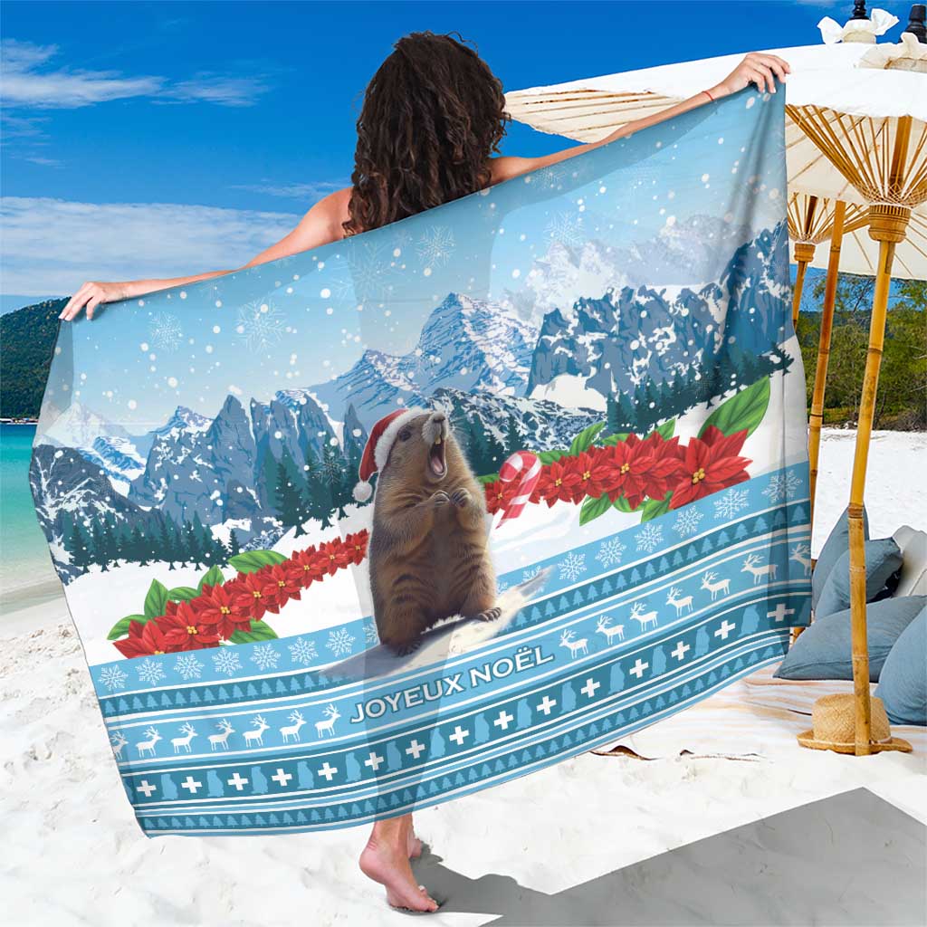 Blue sarong with Christmas marmot, mountain print, and Joyeux Noel border