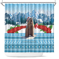Christmas marmot shower curtain with blue mountain scene and Joyeux Noel text