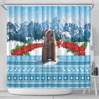 Blue Christmas shower curtain with marmot, mountains, and Joyeux Noel text