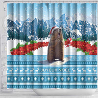 Christmas marmot shower curtain with mountain scene, poinsettias, and Joyeux Noël text