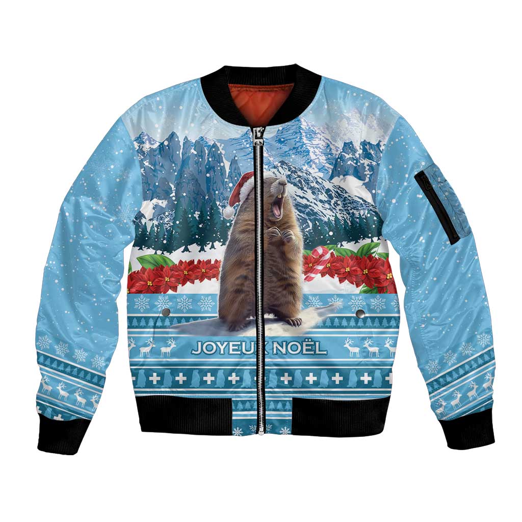 Blue zip-up bomber jacket with ribbed cuffs and holiday landscape graphic with marmot