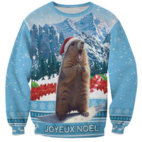 Blue Christmas sweatshirt with marmot, snowy mountains, and Joyeux Noel print