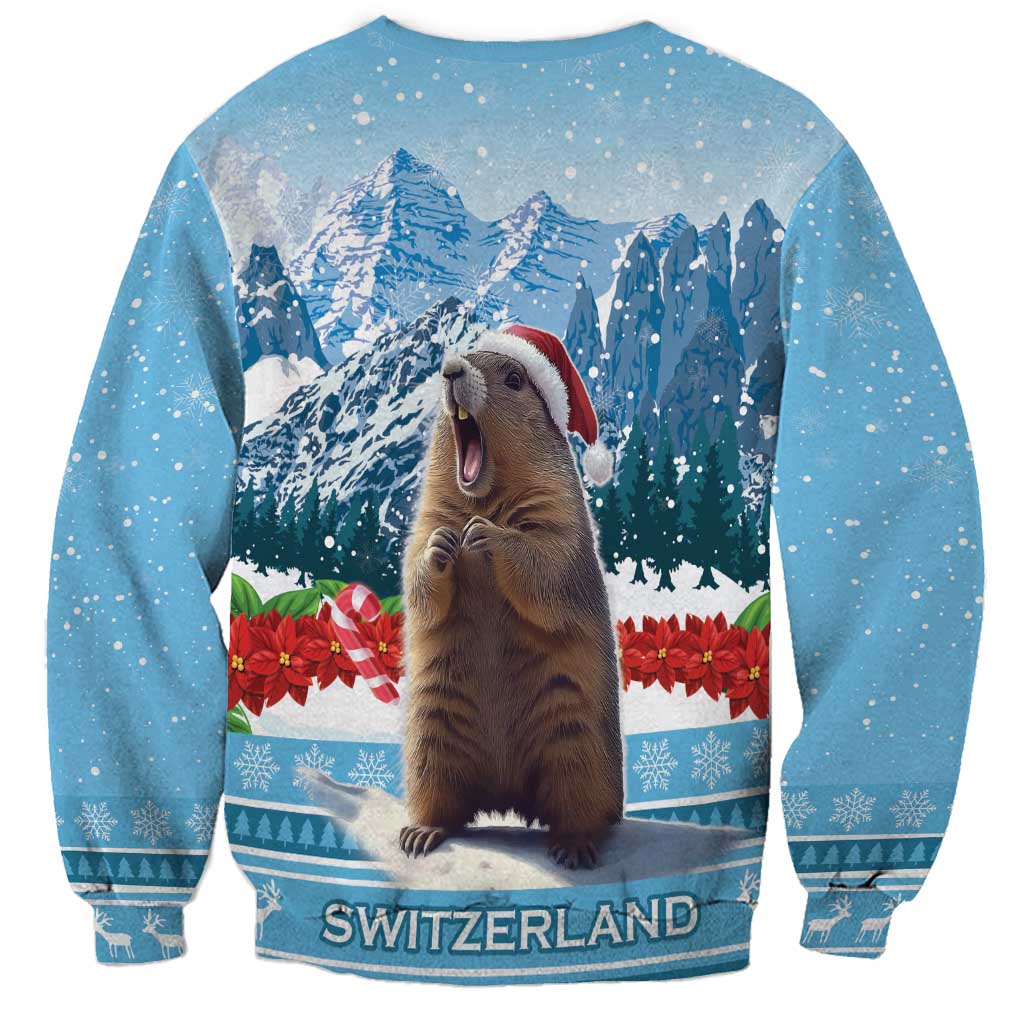 Blue Christmas sweatshirt, back view with marmot, mountains, and SWITZERLAND text
