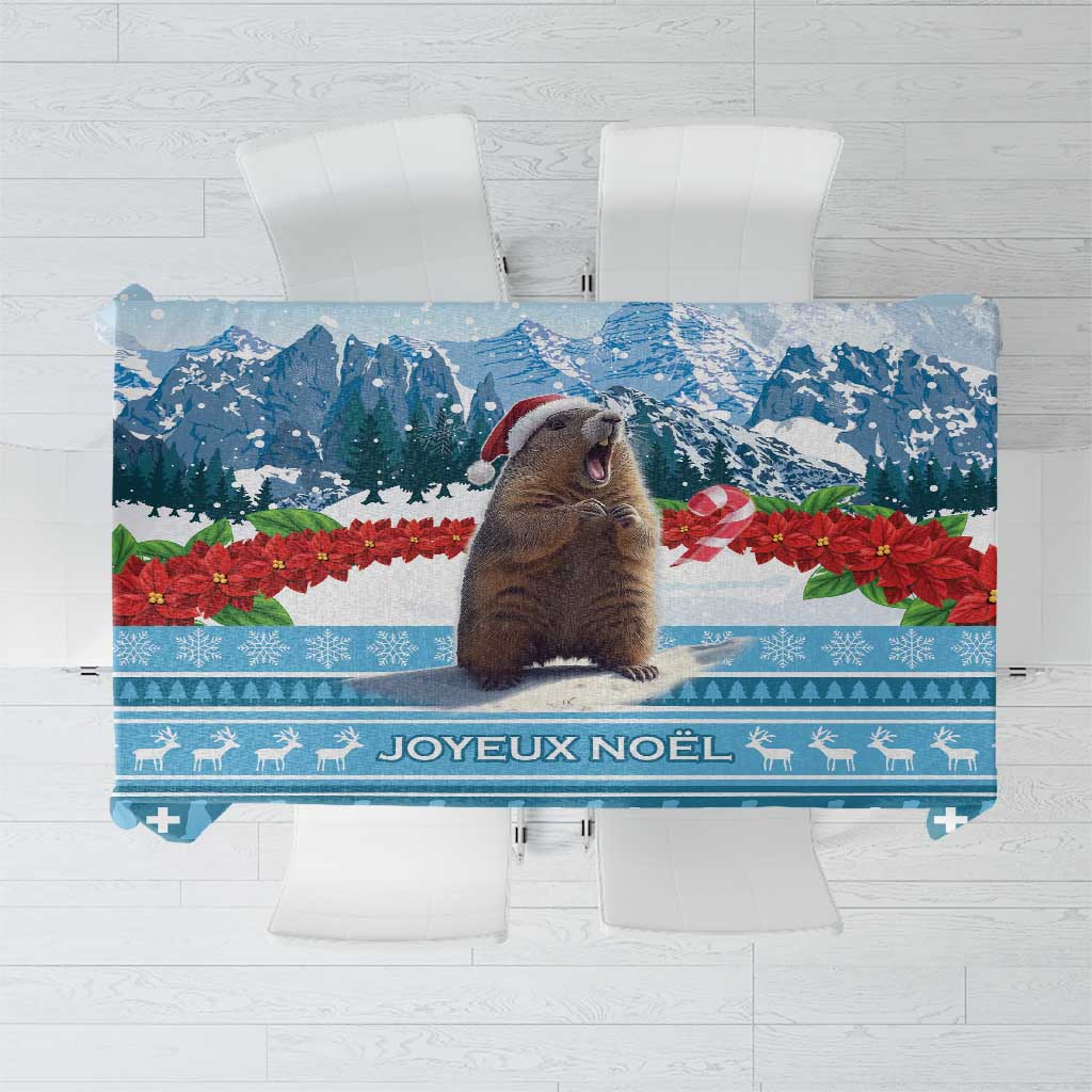 Blue Christmas tablecloth featuring a marmot and JOYEUX NOEL text, winter motifs