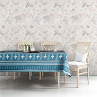 Blue Christmas tablecloth with geometric cross stripe and poinsettia pattern