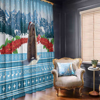Blue Christmas window curtains with marmot, snowy mountain view, and red poinsettias