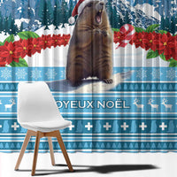 Blue Christmas window curtains with marmot, snowy mountains, red poinsettias, and Joyeux Noel