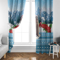 Blue Christmas window curtains with marmot, snowy mountains, red poinsettias, and Joyeux Noel
