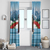 Blue Christmas window curtains with marmot, snowy mountains, and red poinsettias