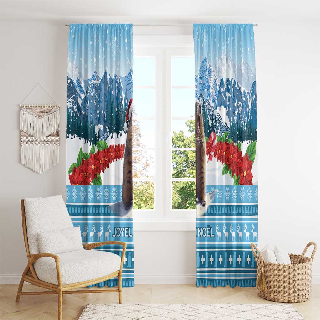 Blue Christmas window curtains with marmot, snowy peaks, red poinsettias, and Joyeux Noel