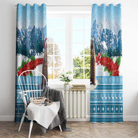 Blue Christmas window curtains with snowy mountain scene, marmot, and red poinsettias