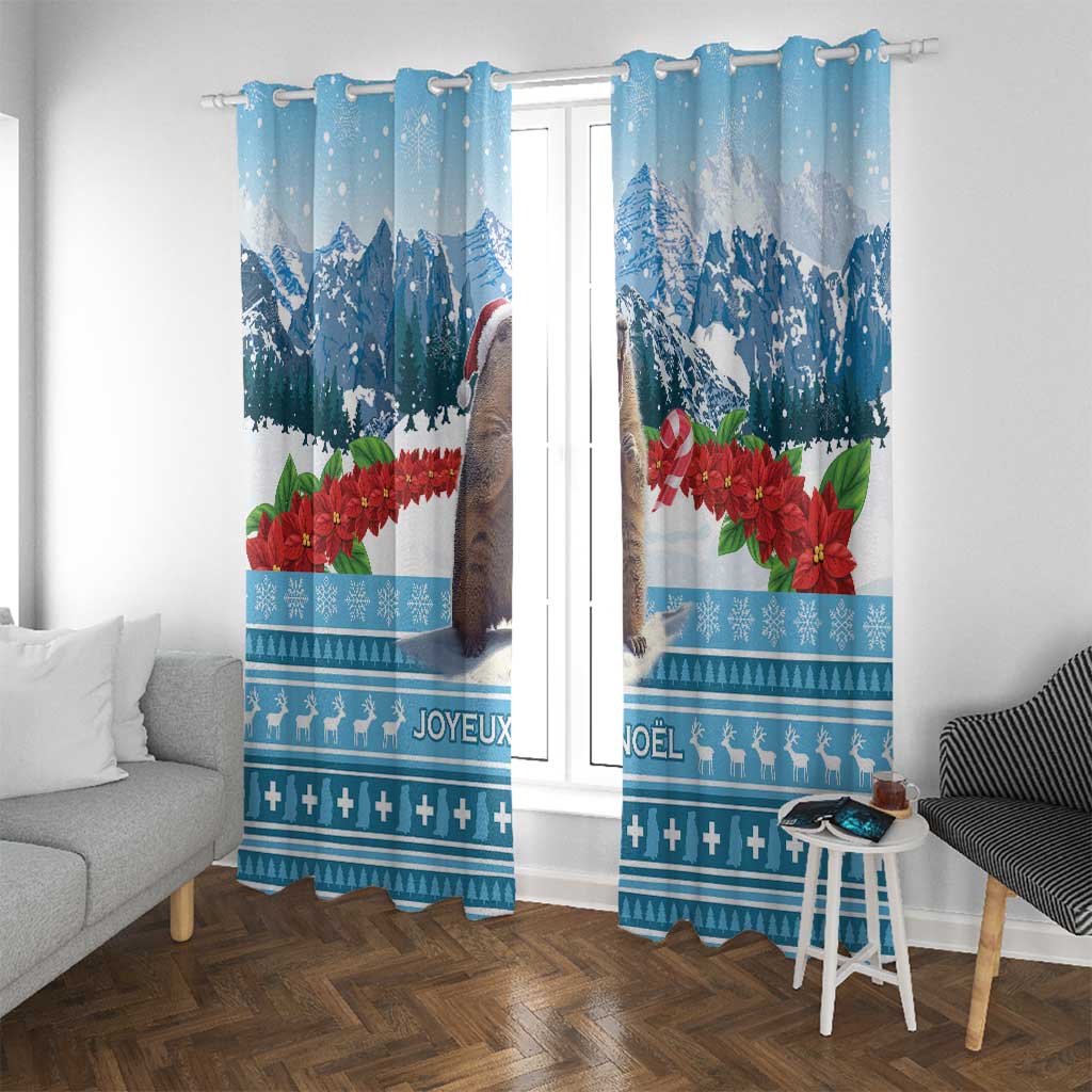 Pair of blue Christmas window curtains with marmot in snowy mountains and red poinsettias