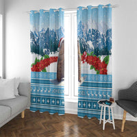 Pair of blue Christmas window curtains with marmot in snowy mountains and red poinsettias