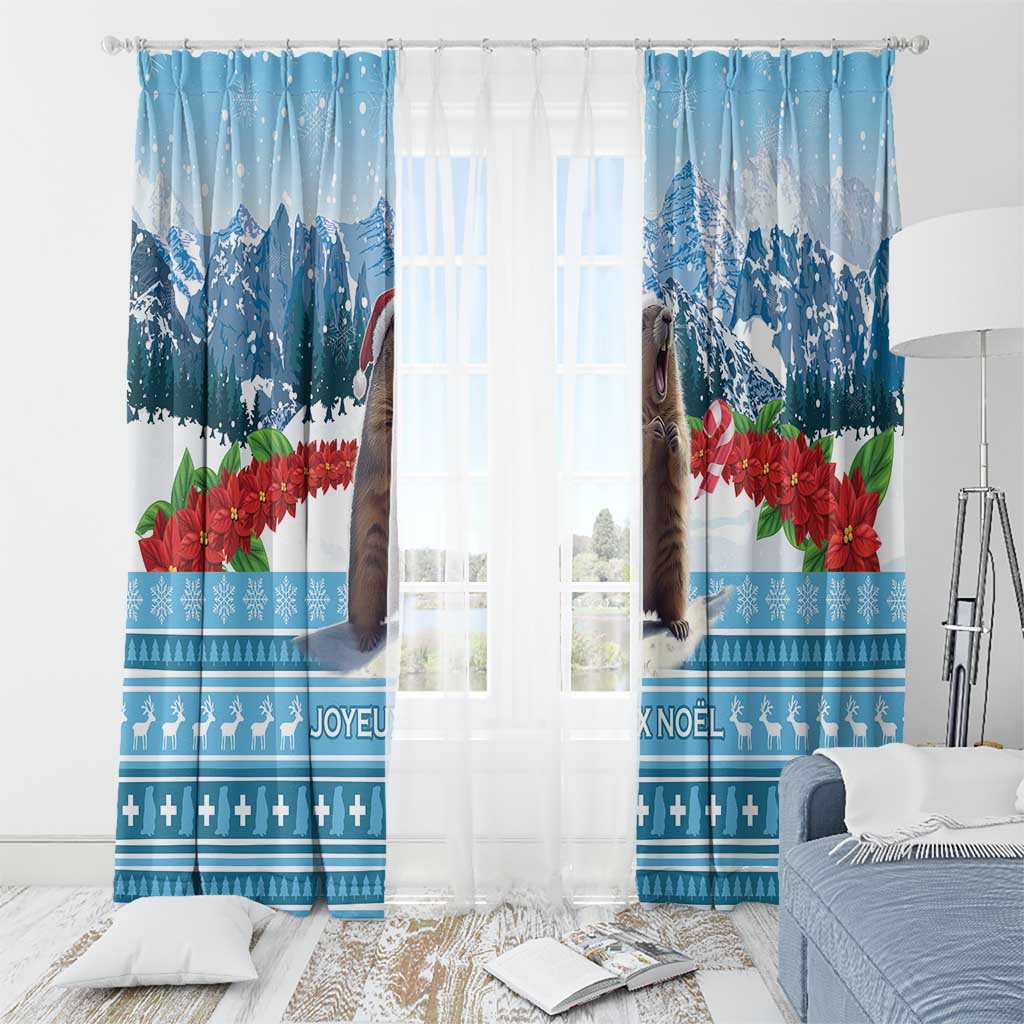 Blue Christmas window curtains with marmot in snowy landscape and red poinsettias