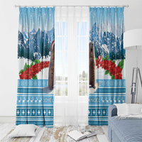 Blue Christmas window curtains with marmot in snowy landscape and red poinsettias