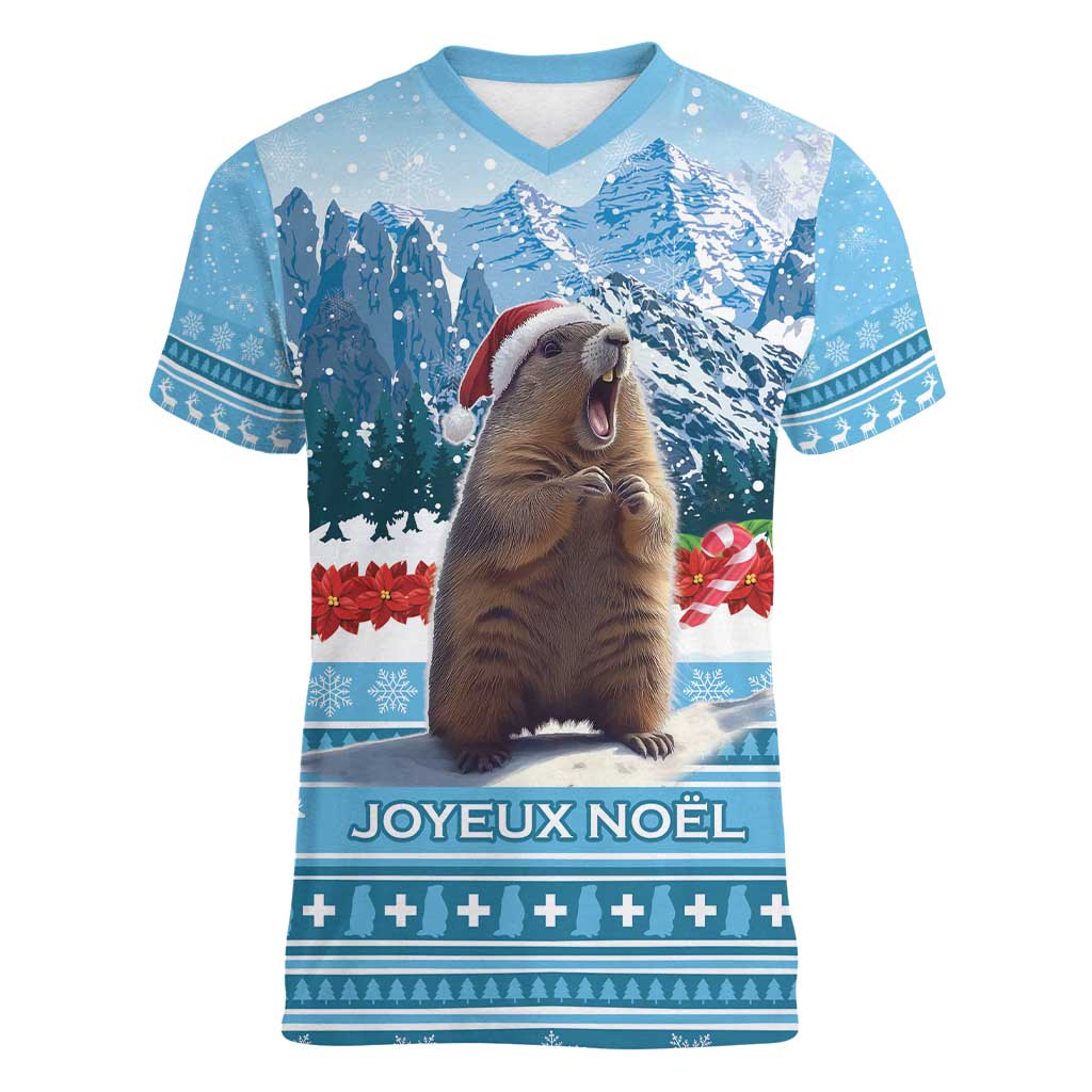 Switzerland Christmas Marmot Women V-Neck T-Shirt Joyeux Noel