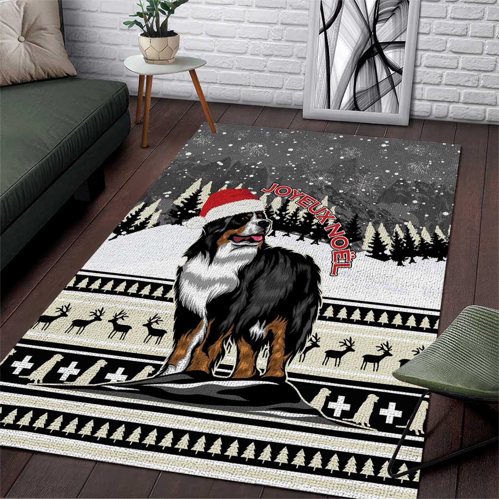 Christmas area rug with Bernese mountain dog in a red hat and 'JOYEUX NOEL' lettering