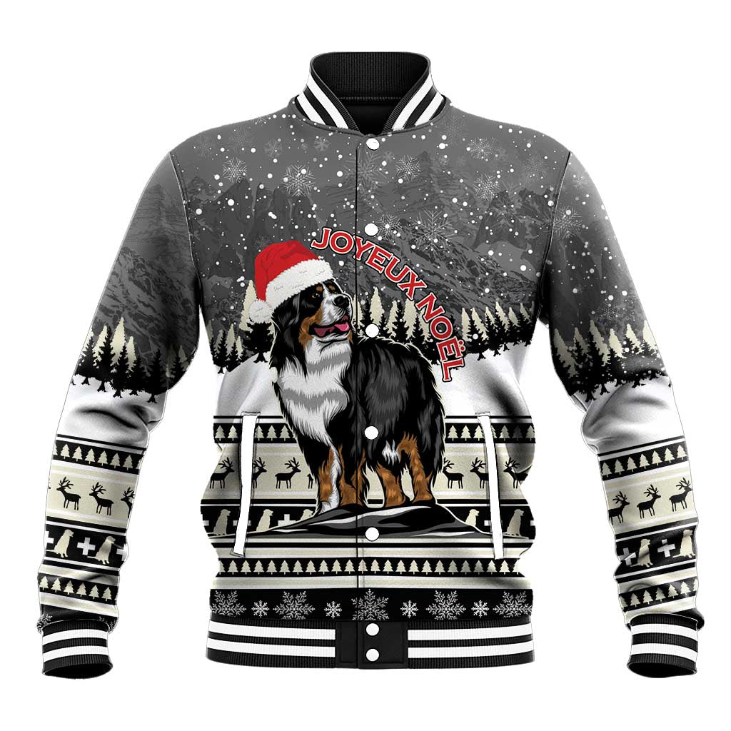 Unisex dark gray baseball jacket with Bernese mountain dog and 'Joyeux Noel' text