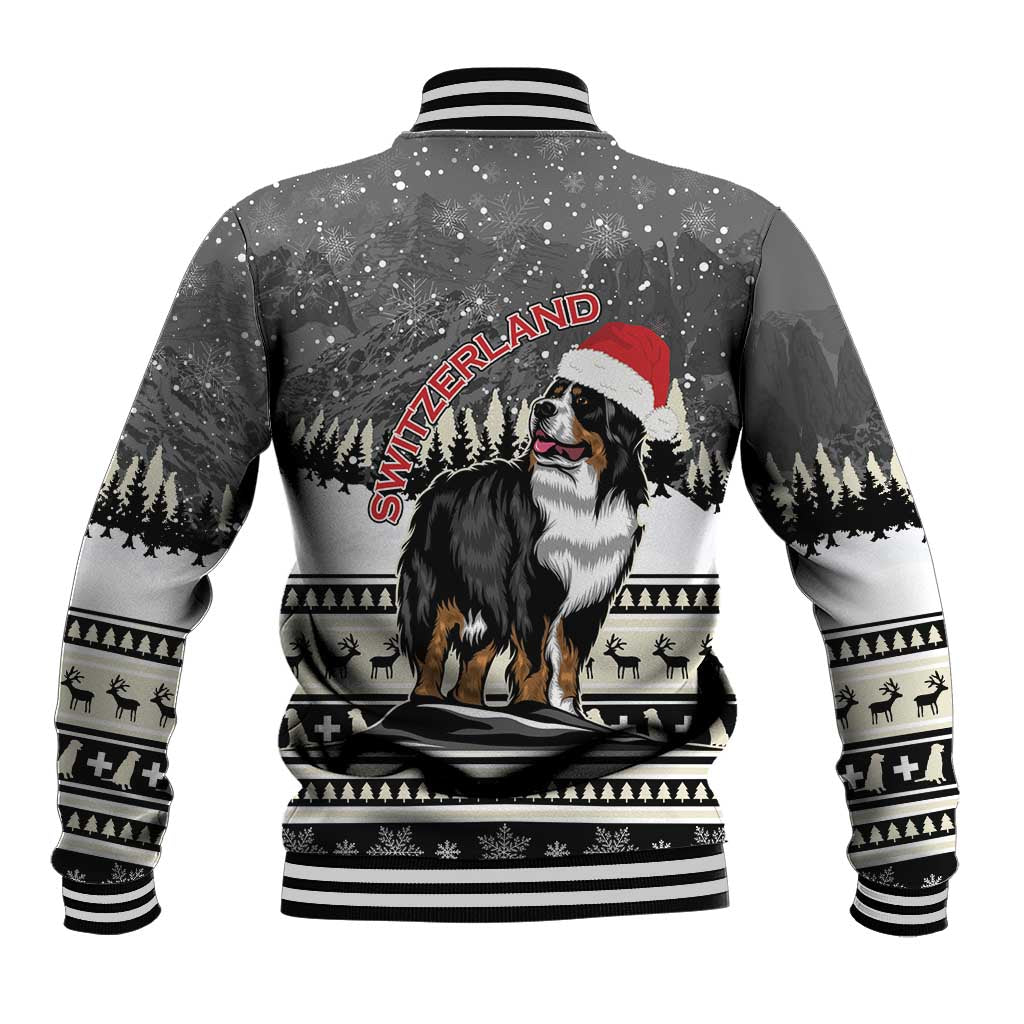 Unisex dark gray baseball jacket with Bernese mountain dog, 'SWITZERLAND' text and Santa hat