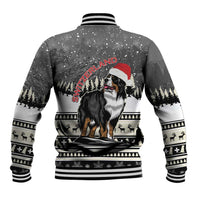 Unisex dark gray baseball jacket with Bernese mountain dog, 'SWITZERLAND' text and Santa hat