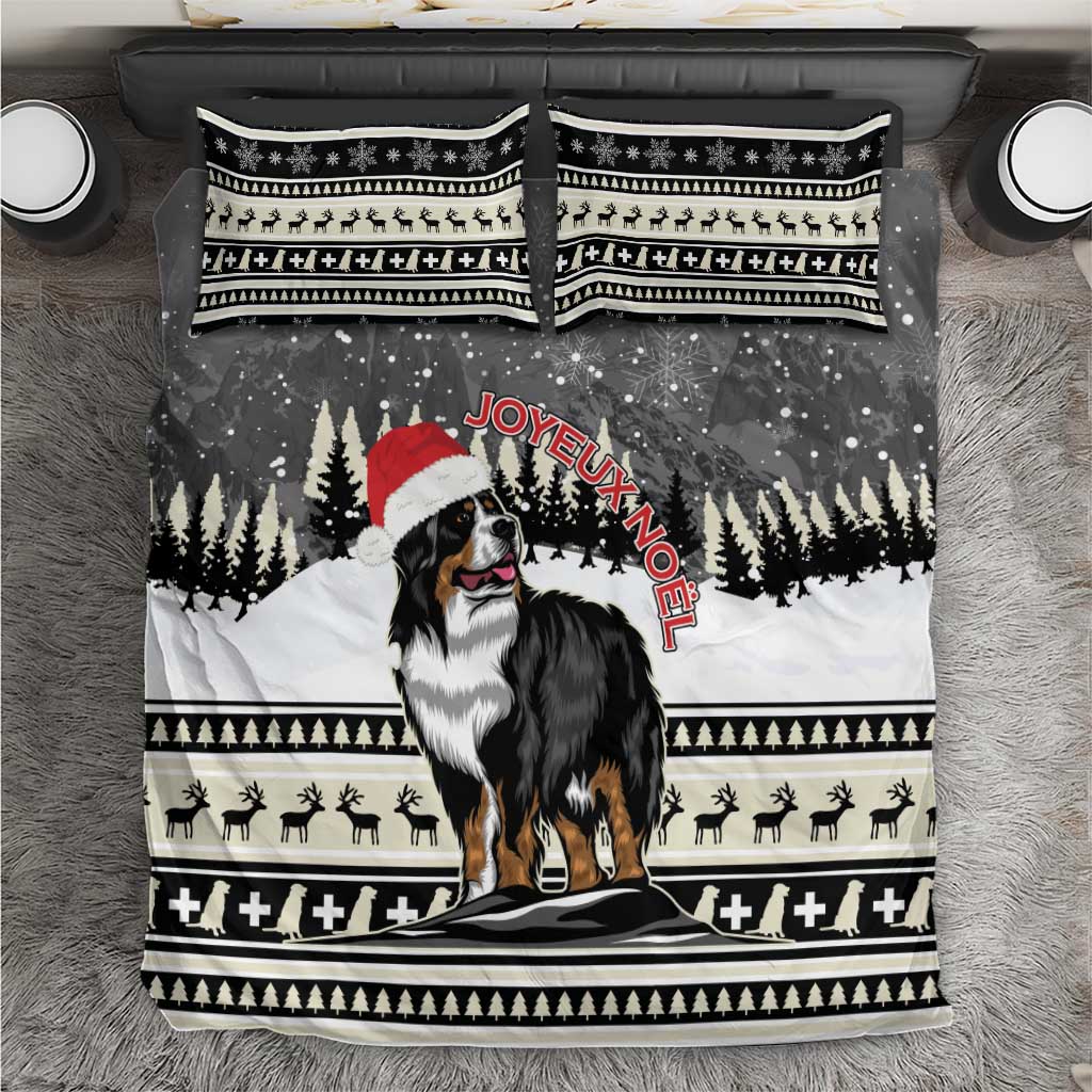 Bernese mountain dog duvet cover with Santa hat, snowy forest, and red Christmas lettering
