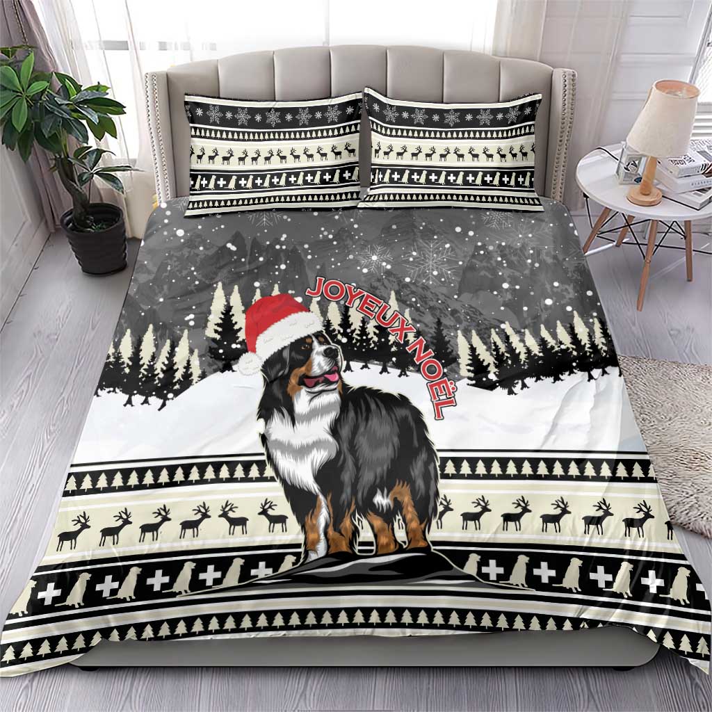 Bernese mountain dog duvet cover and pillowcases with Santa hat, snow dots, and festive bands