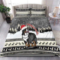 Bernese mountain dog duvet cover and pillowcases with Santa hat, snow dots, and festive bands