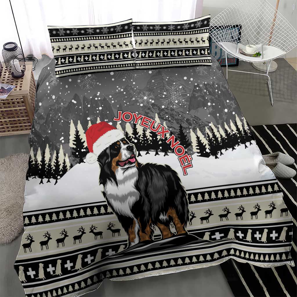 Bernese mountain dog bedding set with Santa hat, snowy trees, and black festive border