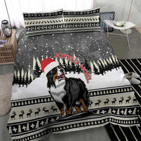 Bernese mountain dog bedding set with Santa hat, snowy trees, and black festive border