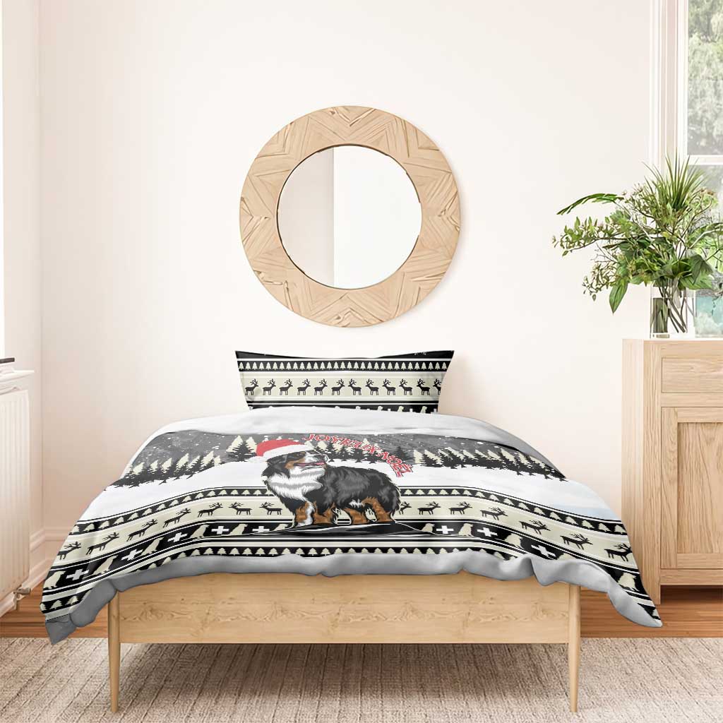 Bernese mountain dog bedding set with Santa hat, winter trees, and black patterned border