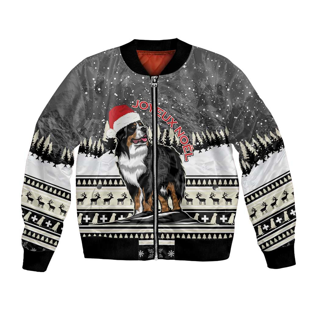 Unisex bomber jacket with Bernese mountain dog and 'Joyeux Noel' holiday print