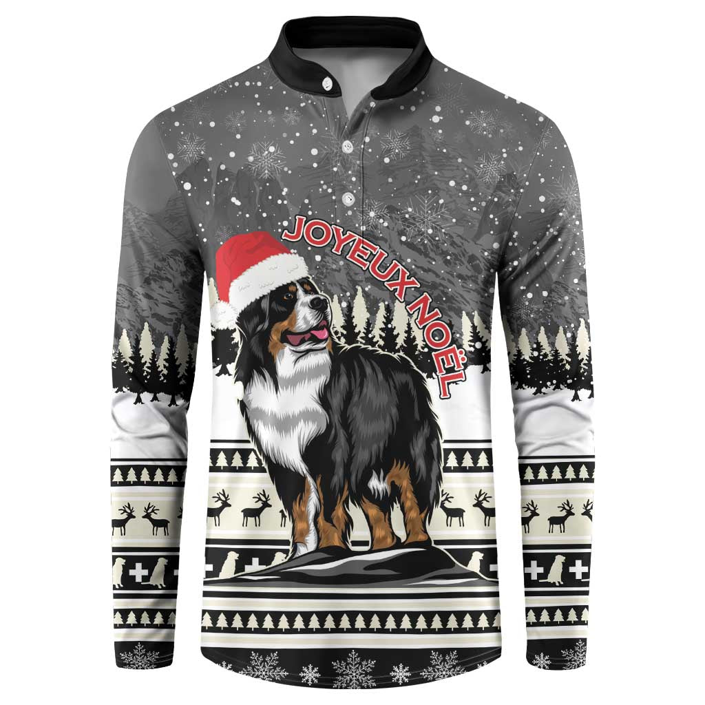 Dark gray button-up sweatshirt with Bernese mountain dog in Santa hat and Joyeux Noel