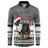 Dark gray button-up sweatshirt with Bernese mountain dog in Santa hat and Joyeux Noel