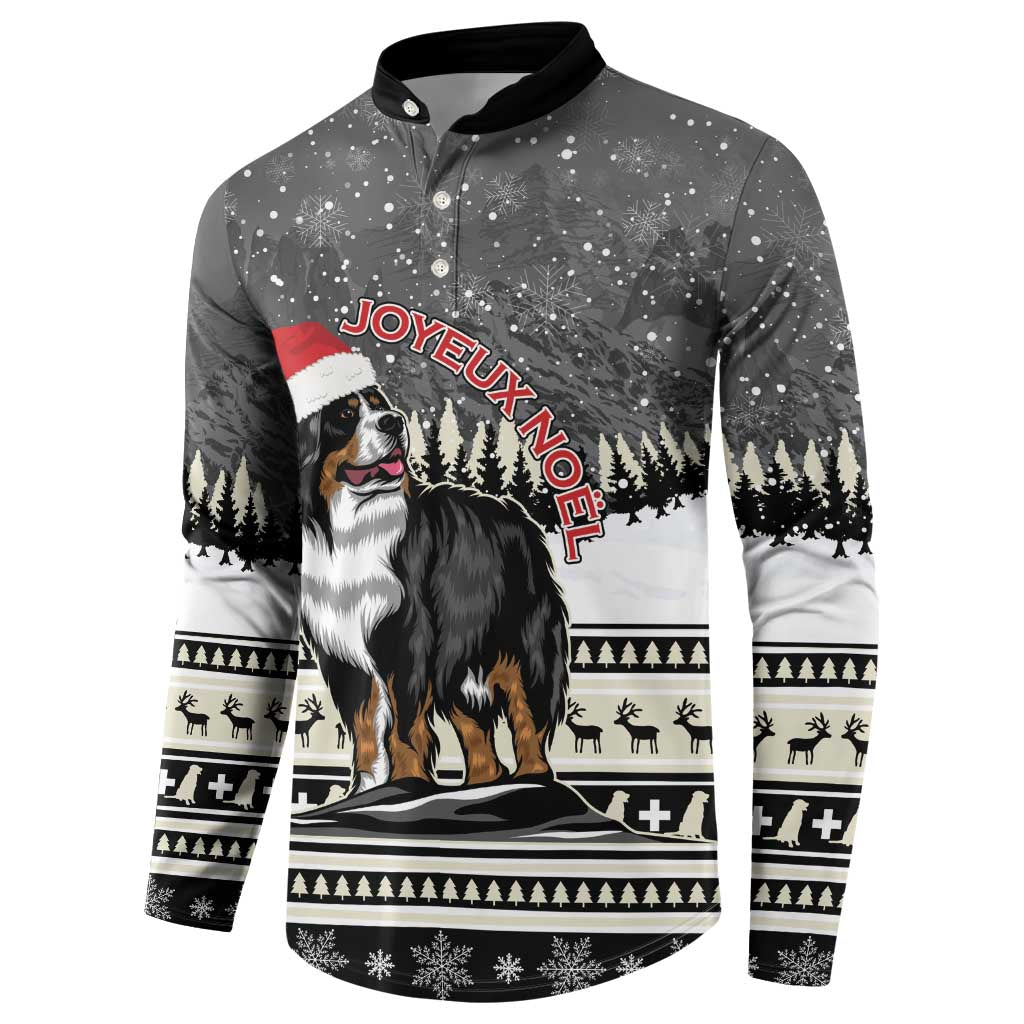 Dark gray button-up sweatshirt with Bernese mountain dog holiday graphic and Joyeux Noel