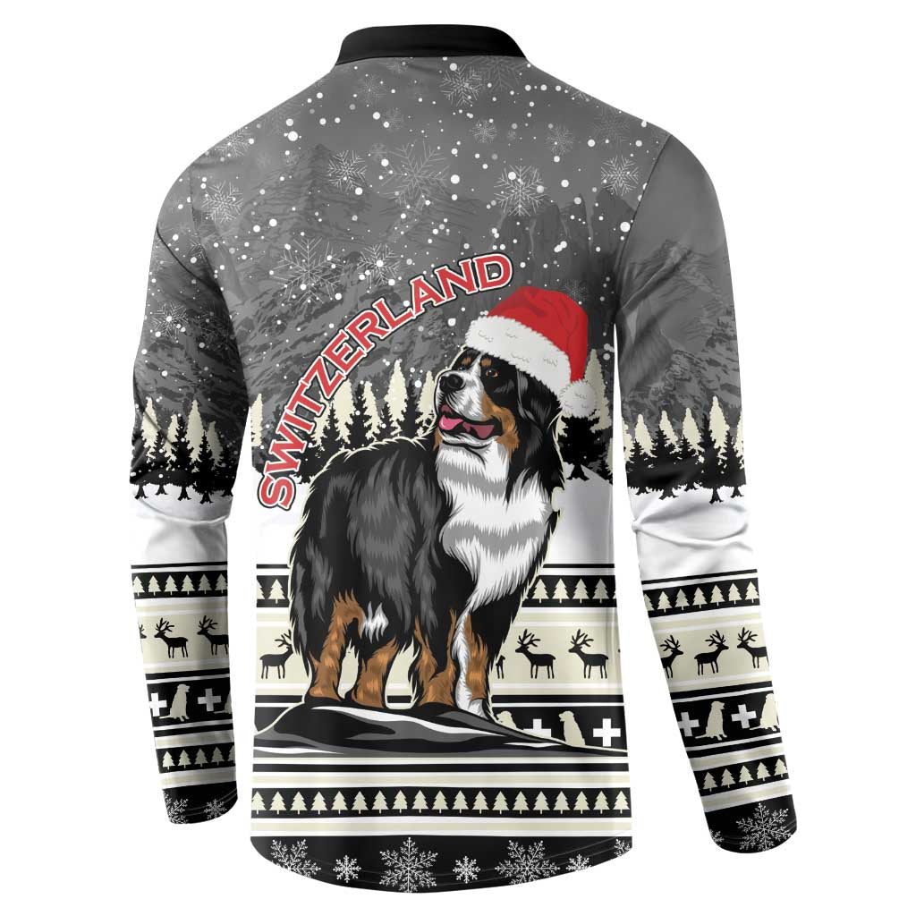 Dark gray button-up sweatshirt with Switzerland text, Bernese mountain dog, and winter village