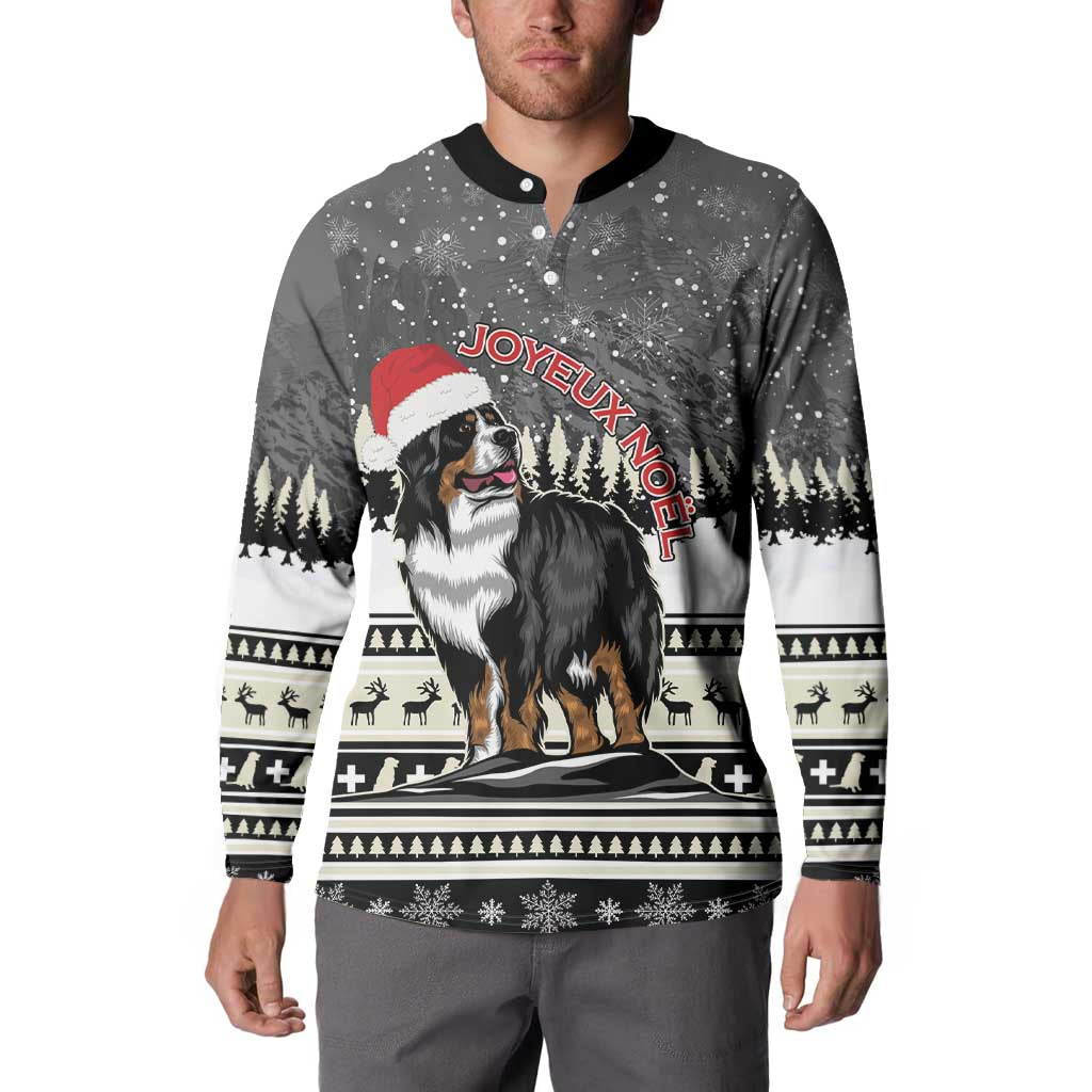 Dark gray button-up sweatshirt worn by man, featuring Bernese mountain dog Joyeux Noel print