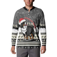 Dark gray button-up sweatshirt worn by man, featuring Bernese mountain dog Joyeux Noel print