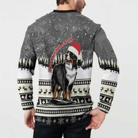 Dark gray button-up sweatshirt worn by man, featuring Switzerland text and Bernese mountain dog on back