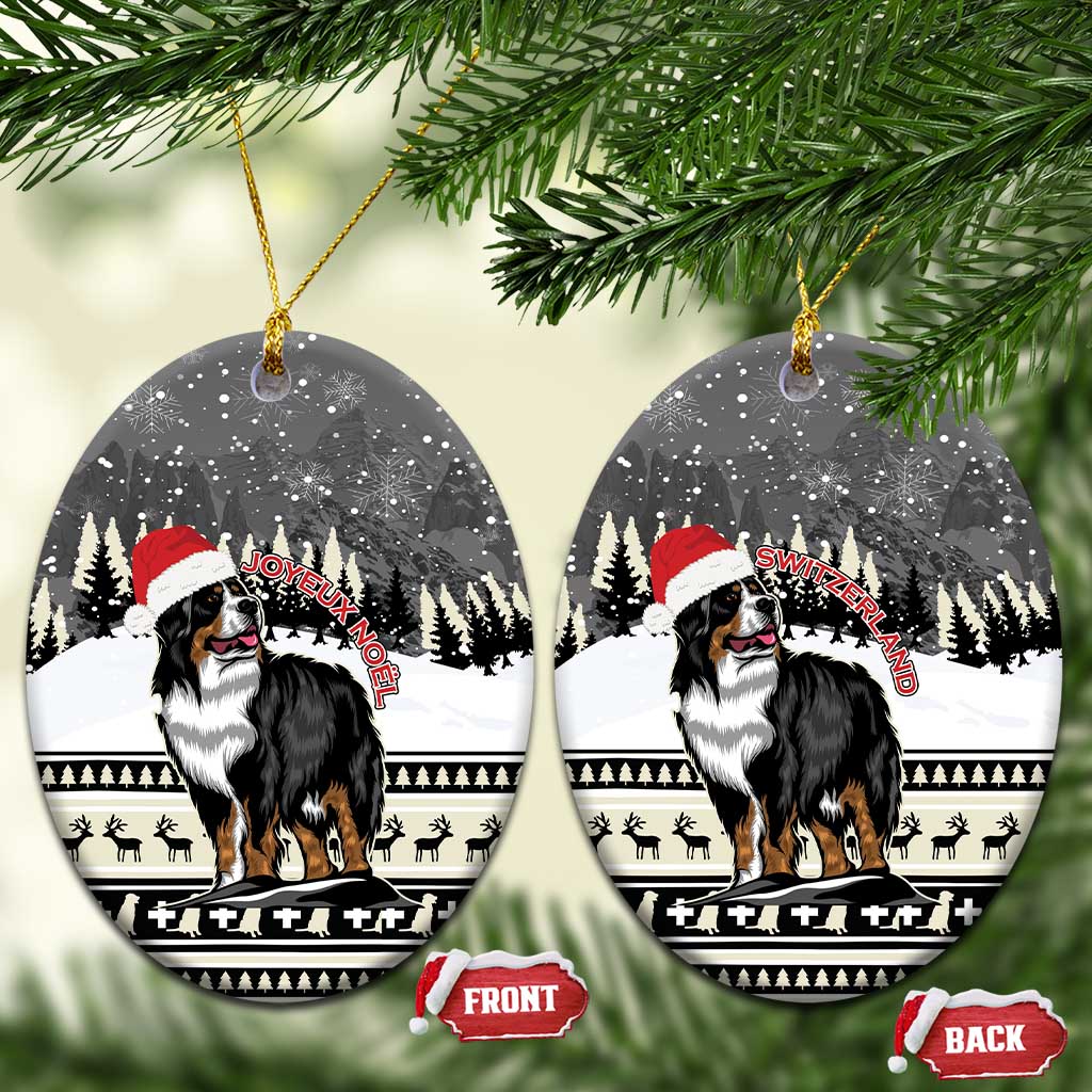 Ceramic round Christmas ornaments featuring Bernese mountain dog in snowy landscape, gold loops