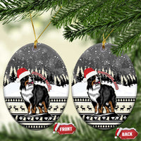 Ceramic round Christmas ornaments featuring Bernese mountain dog in snowy landscape, gold loops
