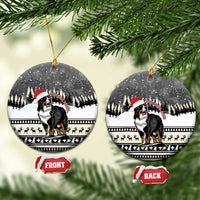 Ceramic round Christmas ornament with Bernese mountain dog in snowy landscape, gold loop