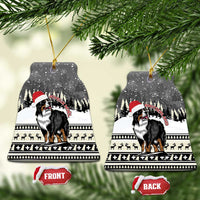 Ceramic bell-shaped Christmas ornament with Bernese mountain dog and snowy landscape, gold loop