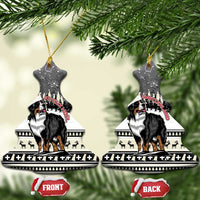 Ceramic bell-shaped ornament set with Bernese mountain dogs on snowy forest scenes, gold hooks