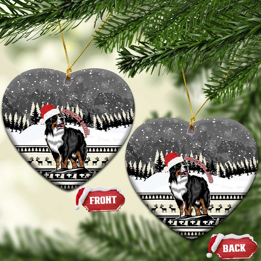 Ceramic heart-shaped Christmas ornament with Bernese mountain dog and snowy forest backdrop