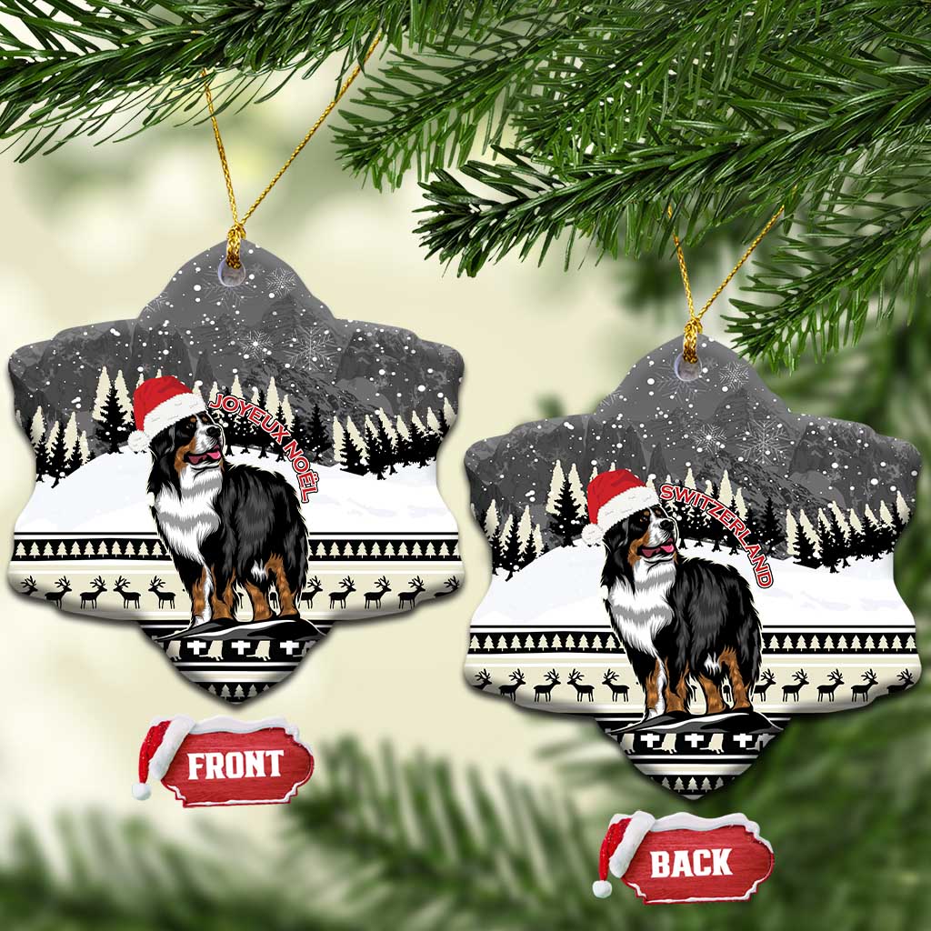 Ceramic bell-shaped Christmas ornament with Bernese mountain dog and snowy landscape, gold loop