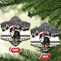 Ceramic bell-shaped Christmas ornament with Bernese mountain dog and snowy landscape, gold loop