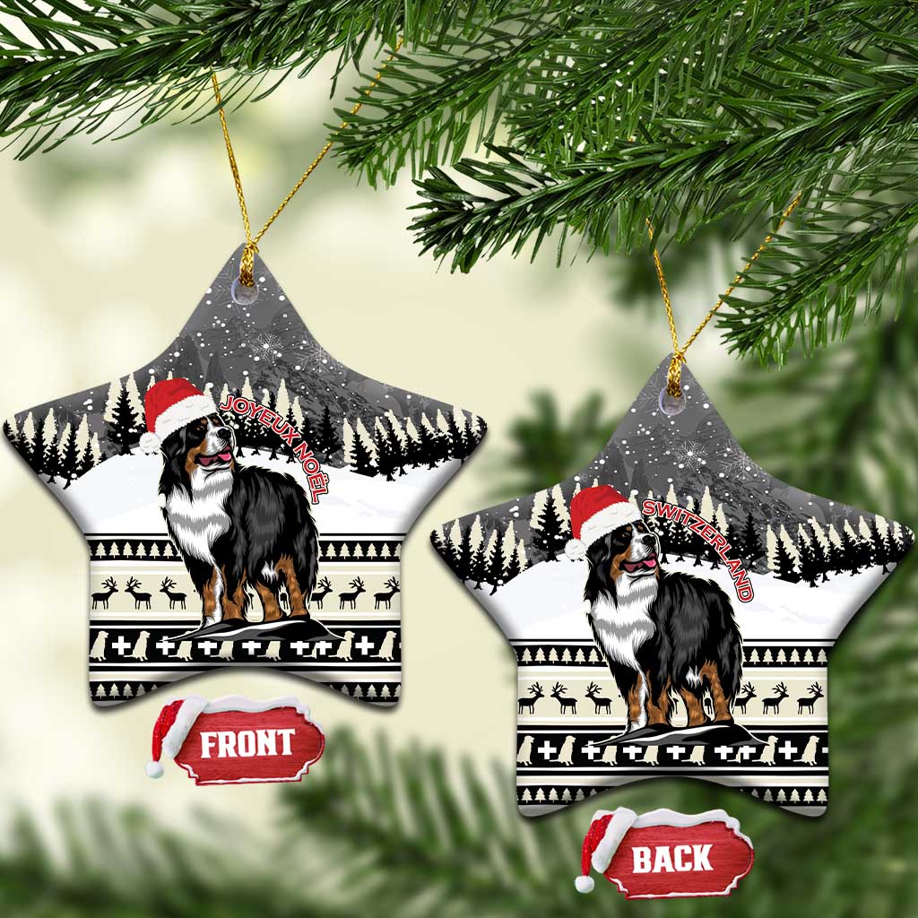 Ceramic star-shaped Christmas ornament with Bernese mountain dog and snowy forest scene