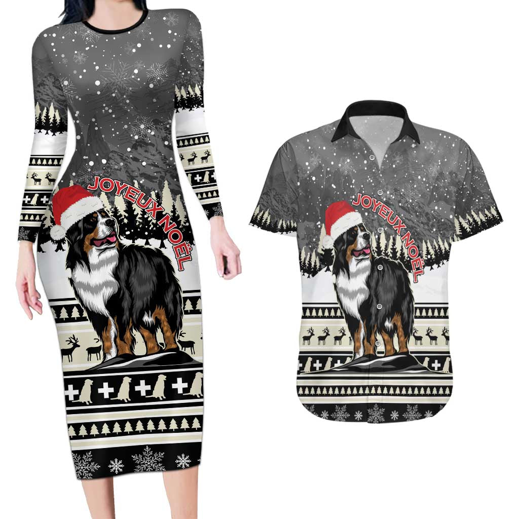 Switzerland Christmas Bernese Mountain Dog Couples Matching Long Sleeve Bodycon Dress and Hawaiian Shirt Joyeux Noel - Wonder Print Shop